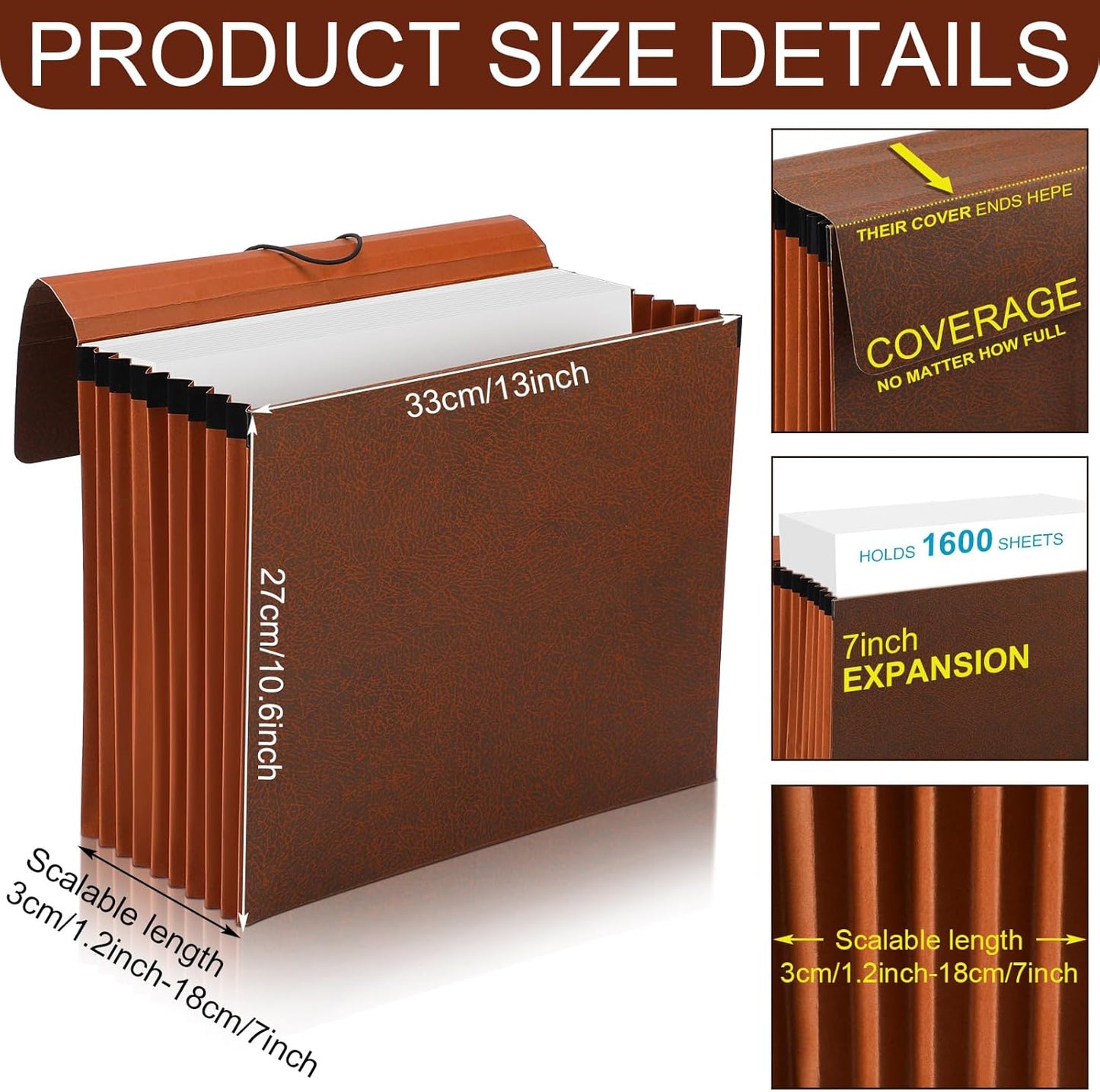 PerKoop 10 Pcs Expanding File Folder with Flap 7 Inch Expansion Expanding File Wallet with Elastic Cord Closure Letter Size Heavy Duty Document Organizer, 10 Slots, Brown