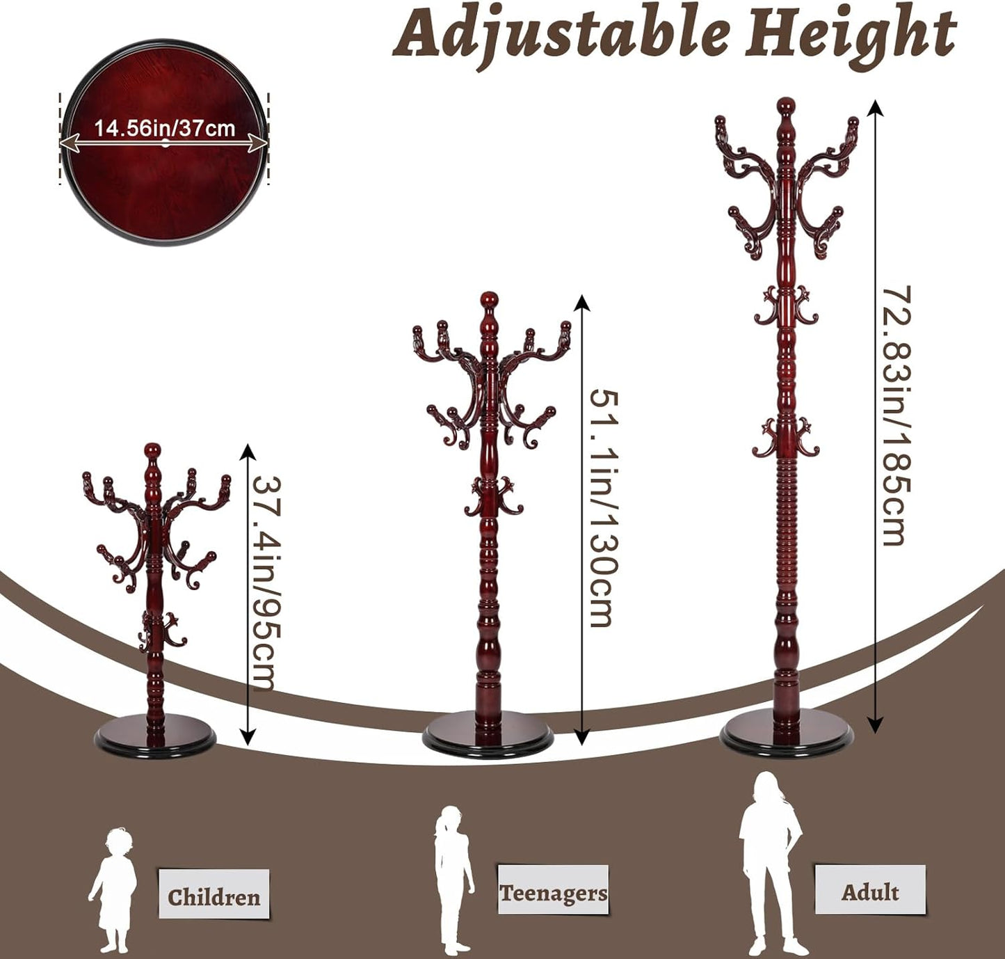 Wooden Coat Rack Freestanding with Resin Hooks, Adjustable Heavy Duty Stand for Hanging Coats, Bags, Hats, and Umbrellas in Living Room, Bedroom, Entryway (Rosewood color)