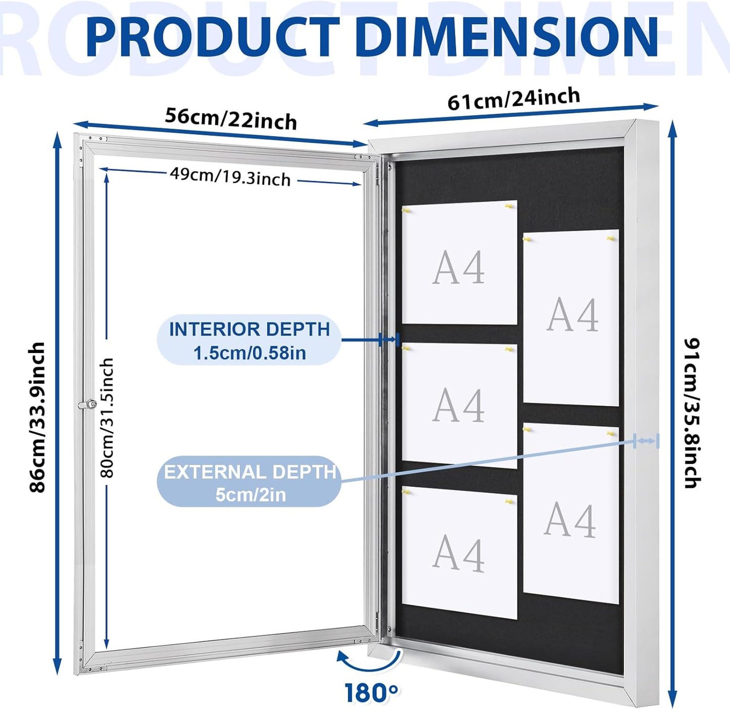 SWANCROWN Outdoor Bulletin Board Weatherproof 36x24in, Enclosed Bulletin Board with Locking Door Wall Display Case for Office School Commerce Show, Black Felt, Sliver Aluminum Frame