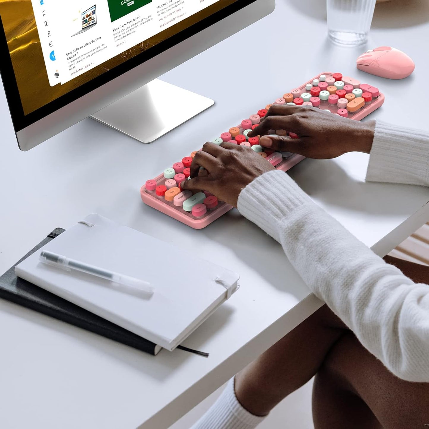 MOFII Wireless Keyboard and Mouse, Pink Colorful Round Key Retro Typewriter Keyboards, USB Wireless 2.4G Full Size Keyboard and Cute Mice Combo for Computer, Laptop, PC, Chromebook, Smart TV