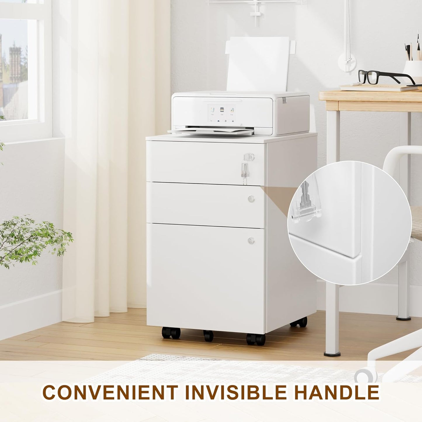 Mobile File Cabinet with 3 Locks, 3 Drawer File Cabinets for Home Office, Under Desk Metal Filing Cabinet for A4/Letter/Legal, Lockable, Fully Assembled Except castors, White
