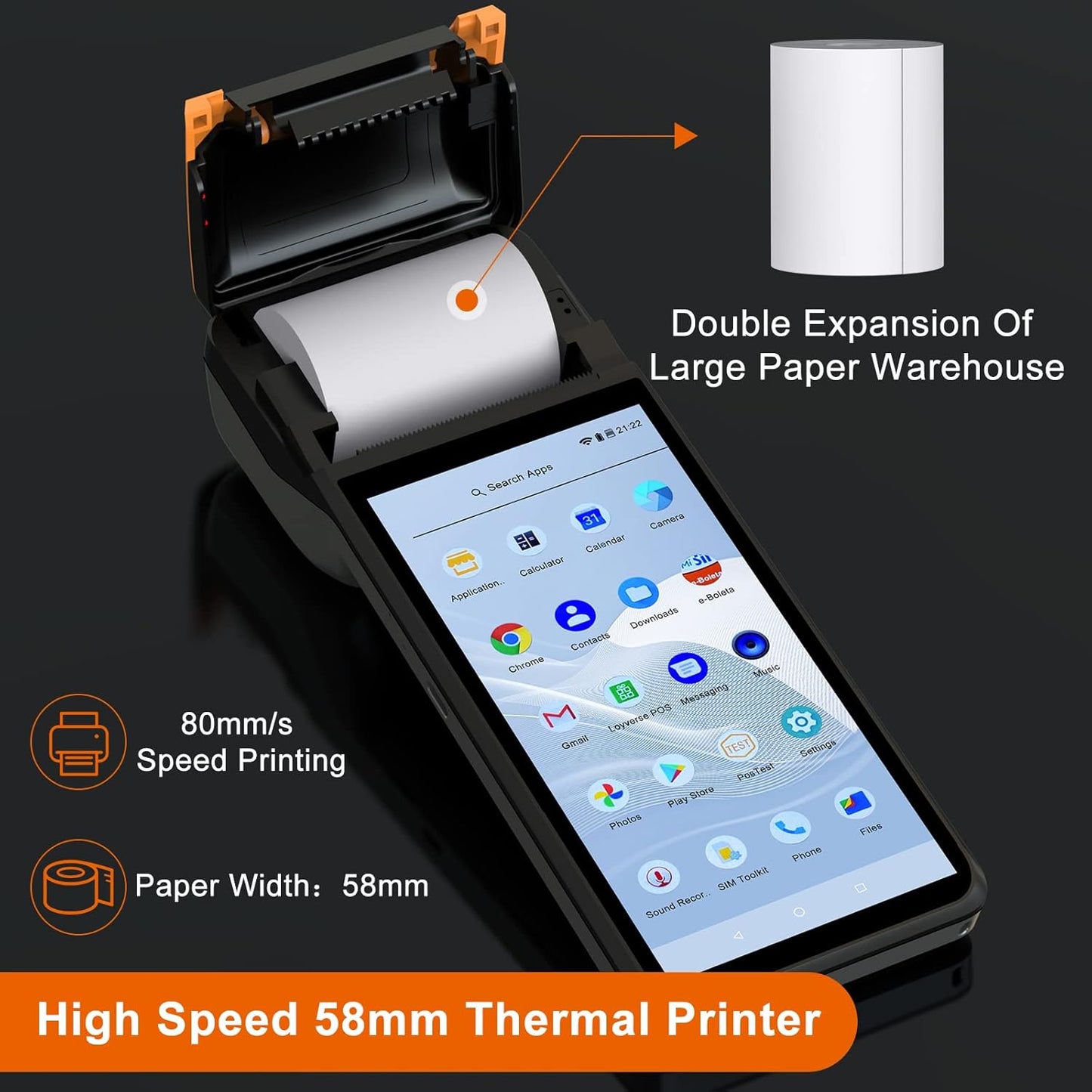 symcode POS PDA Printer Mobile POS Machine Terminal Thermal Receipt Printer 5.99" High Resolution and Clear Touch Screen Handheld PDA Printer Android 8.1 OS Support 4G WiFi Bluetooth with NFC
