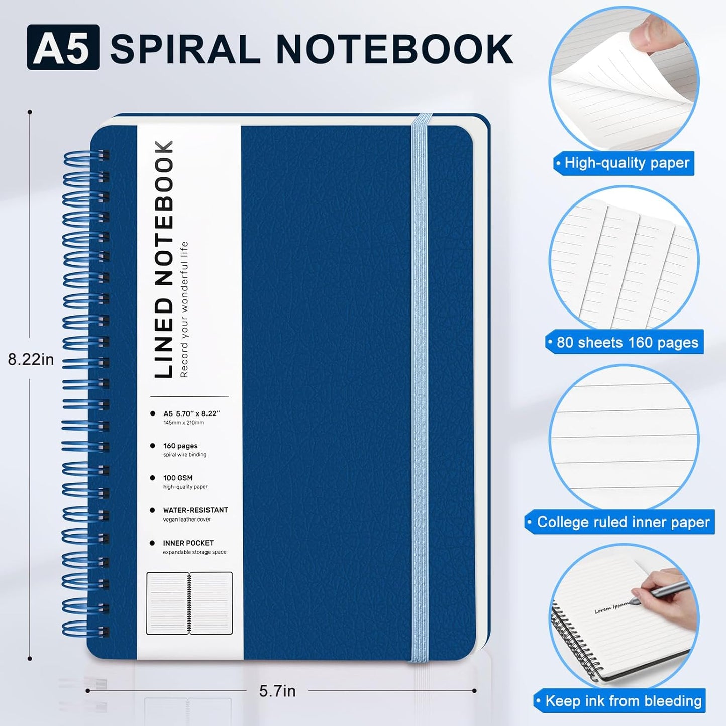Lined Spiral Journal Notebook, A5 Hardcover Leather Notebook for Work, 5.7''×8.2'', 100GSM Thick Paper Spiral Bound Journaling Notebooks for Women & Men Office School Note Taking Business, Blue