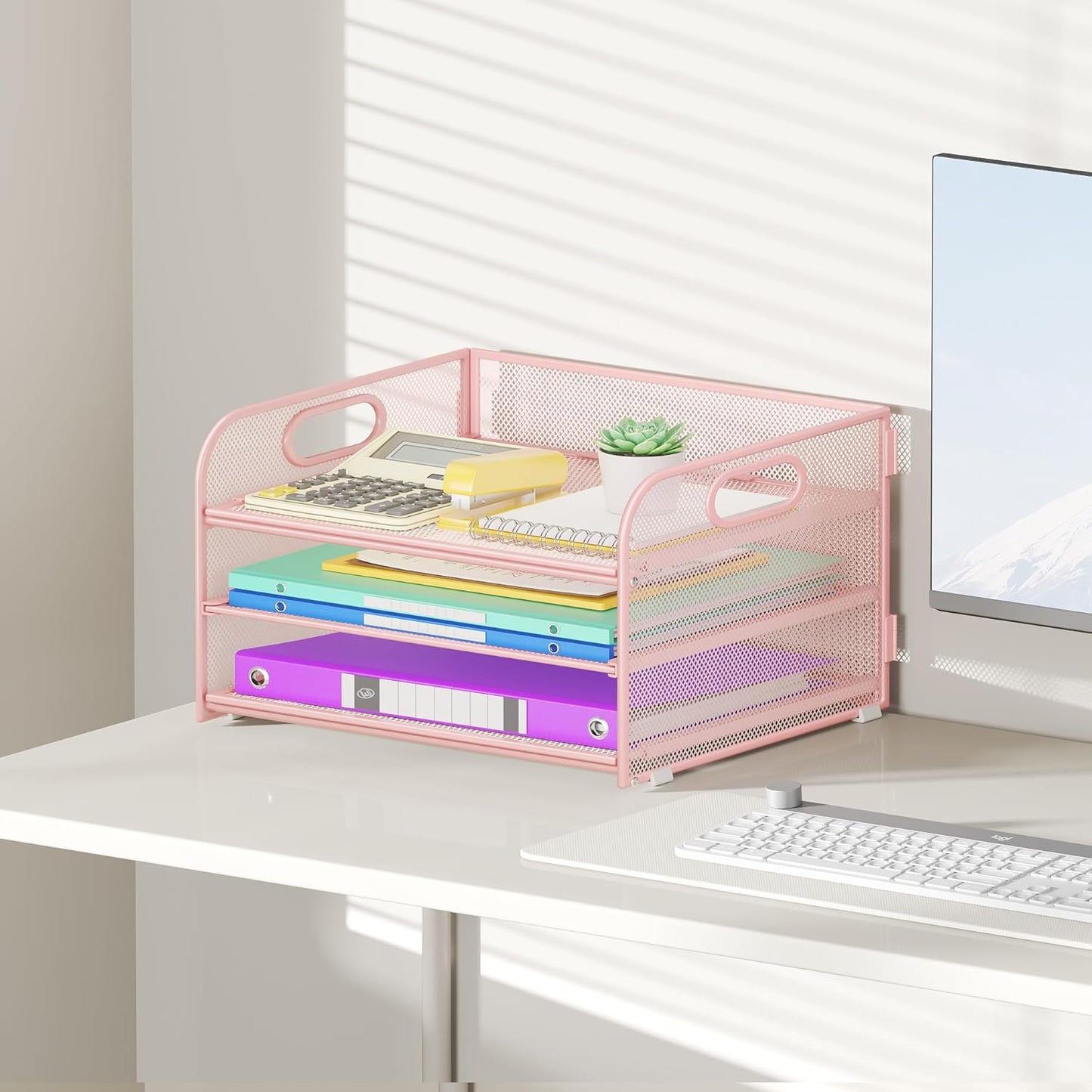 3 Tier Paper Organizer with Handle, Metal Desk Organizer Mesh Paper Letter Tray Desktop File Folder Document Sorter for Classroom, School, Office Accessories Organization and Storage - Pink