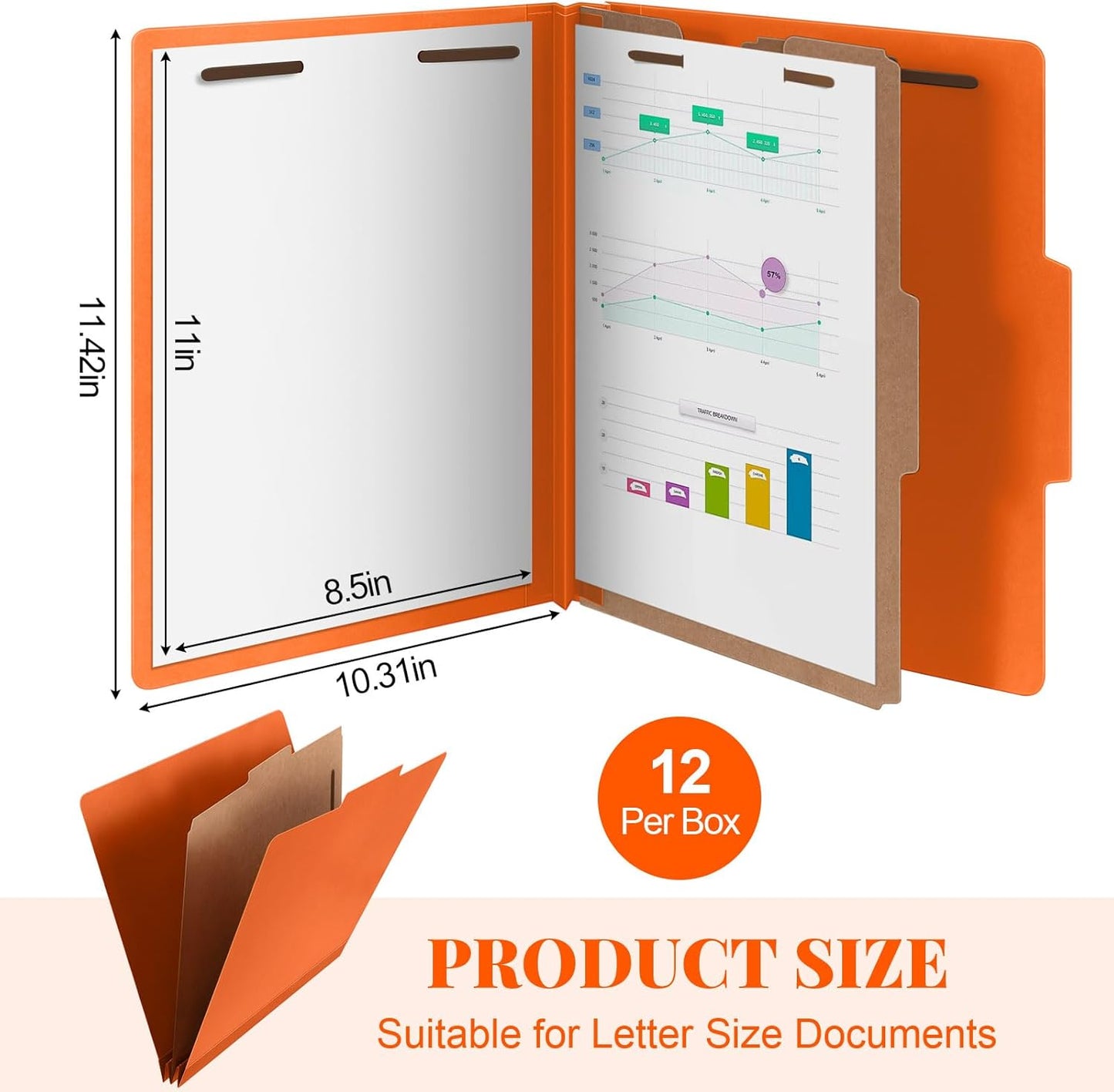 12 Pcs Classification Folders Letter Size, 1 Divider Pressboard File Folder with Fasteners, Expanding File Organizer Bulk for Teachers, Clergy, Office, Church, Christmas Donations (Orange)