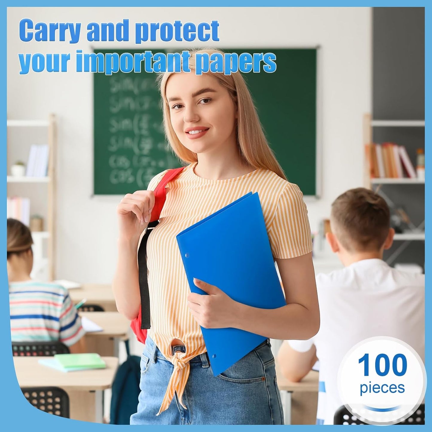 Yeaqee 100 Pcs Plastic Folders with Pockets Bulk 3 Hole Punched 2 Pocket File Folders for 3 Ring Binder Divider Folder for Notebooks, Durable Poly for Office Home (Blue)