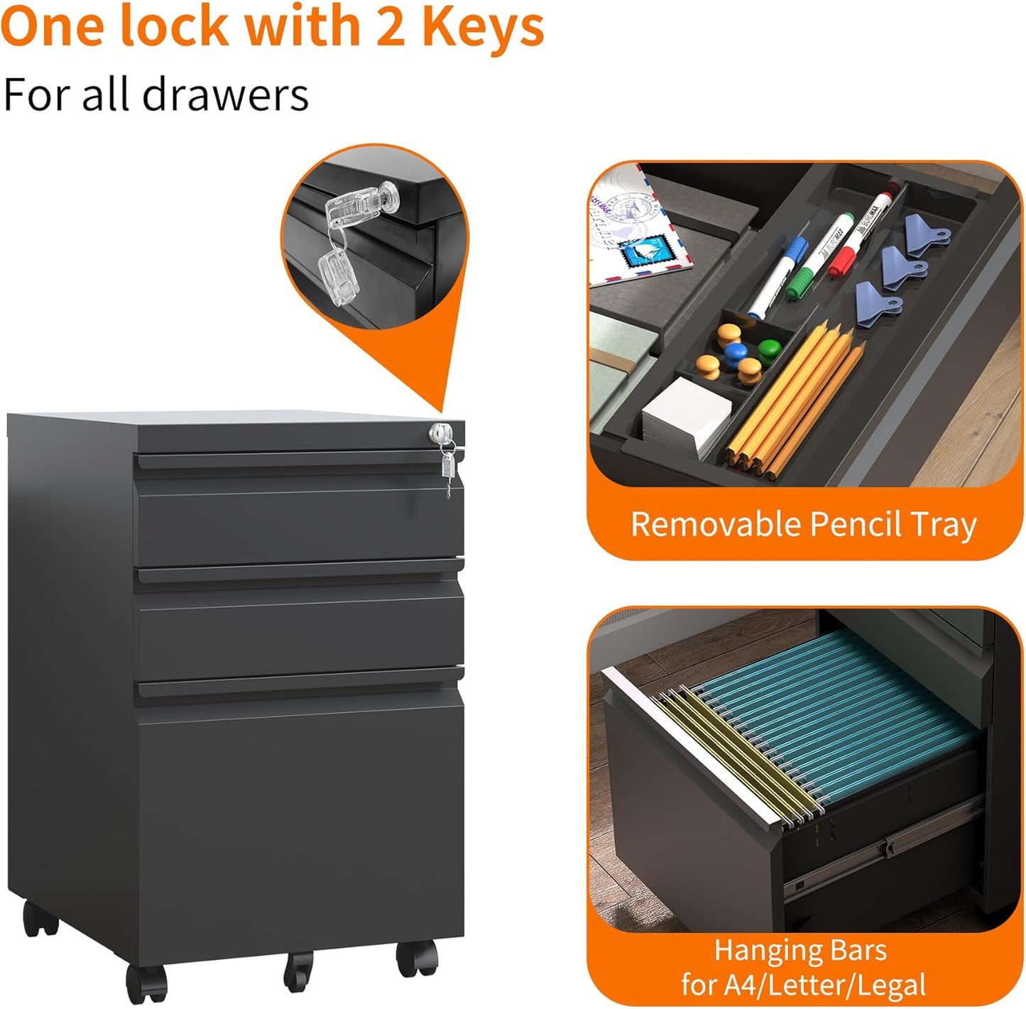 3 Drawer Mobile File Cabinet, Filing Cabinet Home Office for Letter, Legal Size, Fully Assembled Under Desk File Cabinet, Black