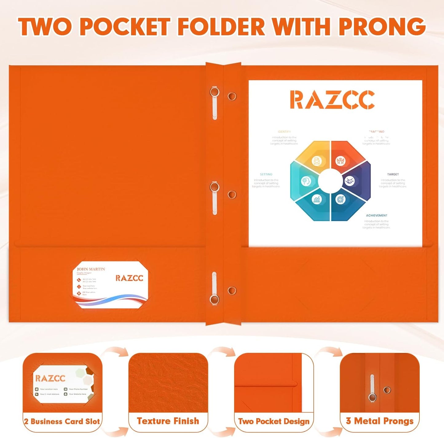 Two Pocket Folders, RAZCC 75 Pack Two Pocket Folders with Prongs, 3 Prong Folders Fit Letter Size Paper, Pocket File Folders for School Office Home Business, Orange