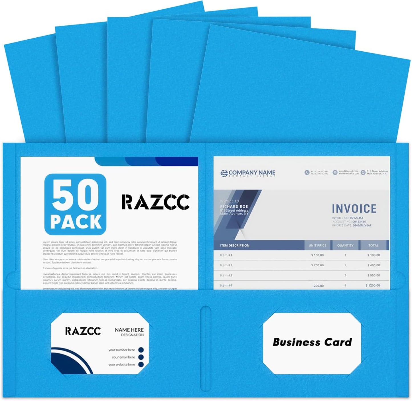 Two Pocket Folders, RAZCC 50 Pack 2 Pocket Folders Fit Letter Size Paper, Paper Folders with Pockets for School Office Business Home, Blue