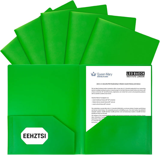6-Pack Plastic Folders with Pockets,2-Pocket Poly Folders Holds 8-1/2" x 11" Paper for School/Office/Home, Green