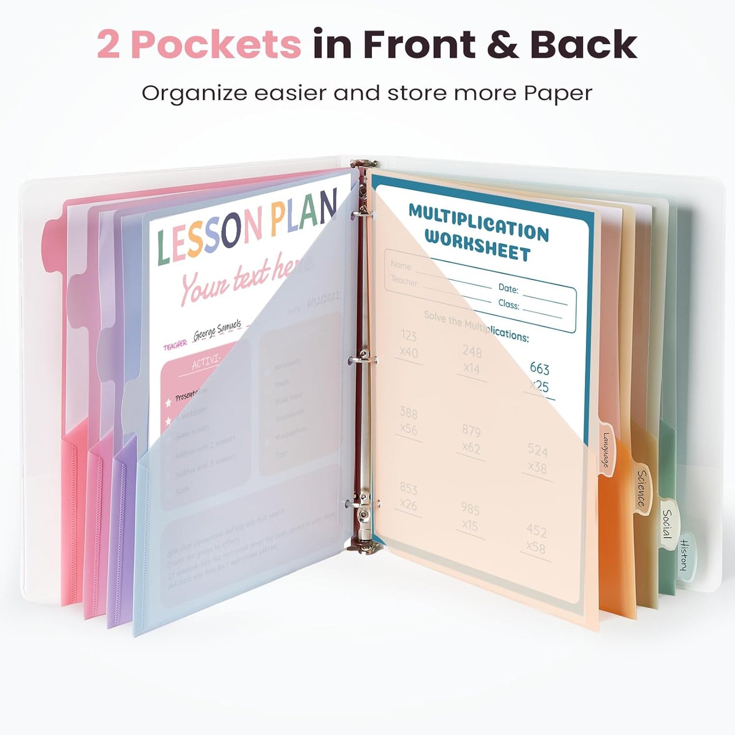 Sooez 16 Count Dividers with 2 Pockets, 8 Tabs Binder Dividers for 3 Ring Binders, Binder Dividers with tabs, Binder Divider with Pockets for US Letter Size, Insertable Big Tabs, Pastels, 2 Sets