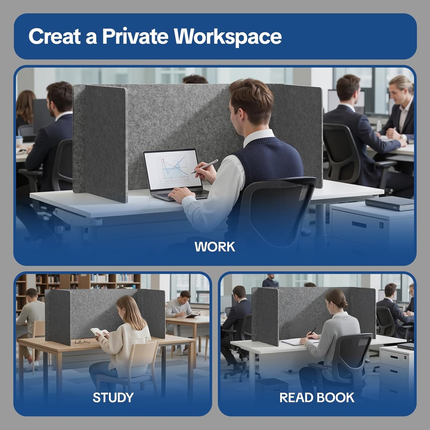 Desk Divider Privacy Screen 3 Panel Sound Absorbing - 47.2”x 23.6”x 19.7” Freestanding Acoustic Partitions for Office, Noise Reducing Panels for School, Home, Library,Dark Grey