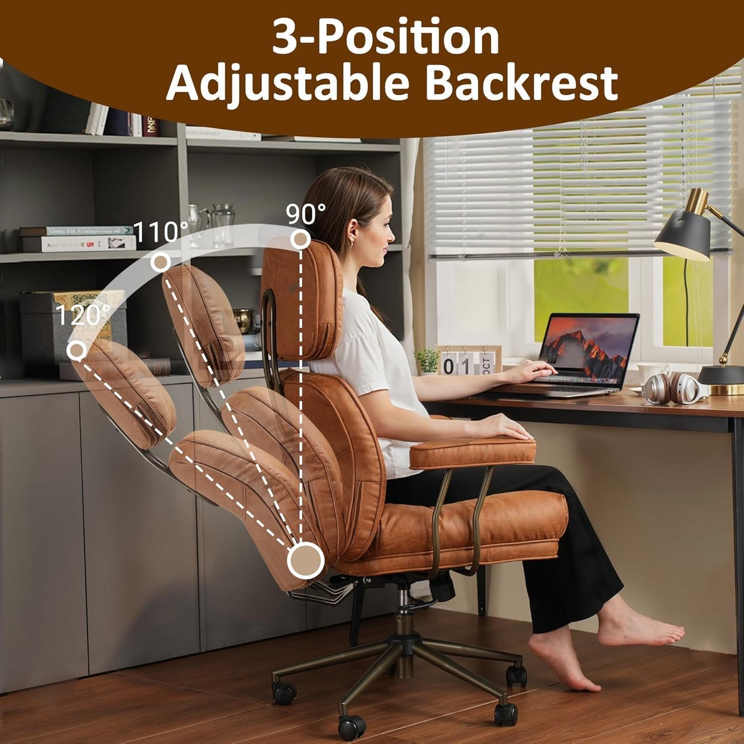 Faux Leather Executive Office Chair - Big and Tall Ergonomic Home Office Chair,Reclining Computer Desk Chairs with Lumbar Support,Adjustable Swivel Rolling PC Chairs with Wheels,Suede,Brown