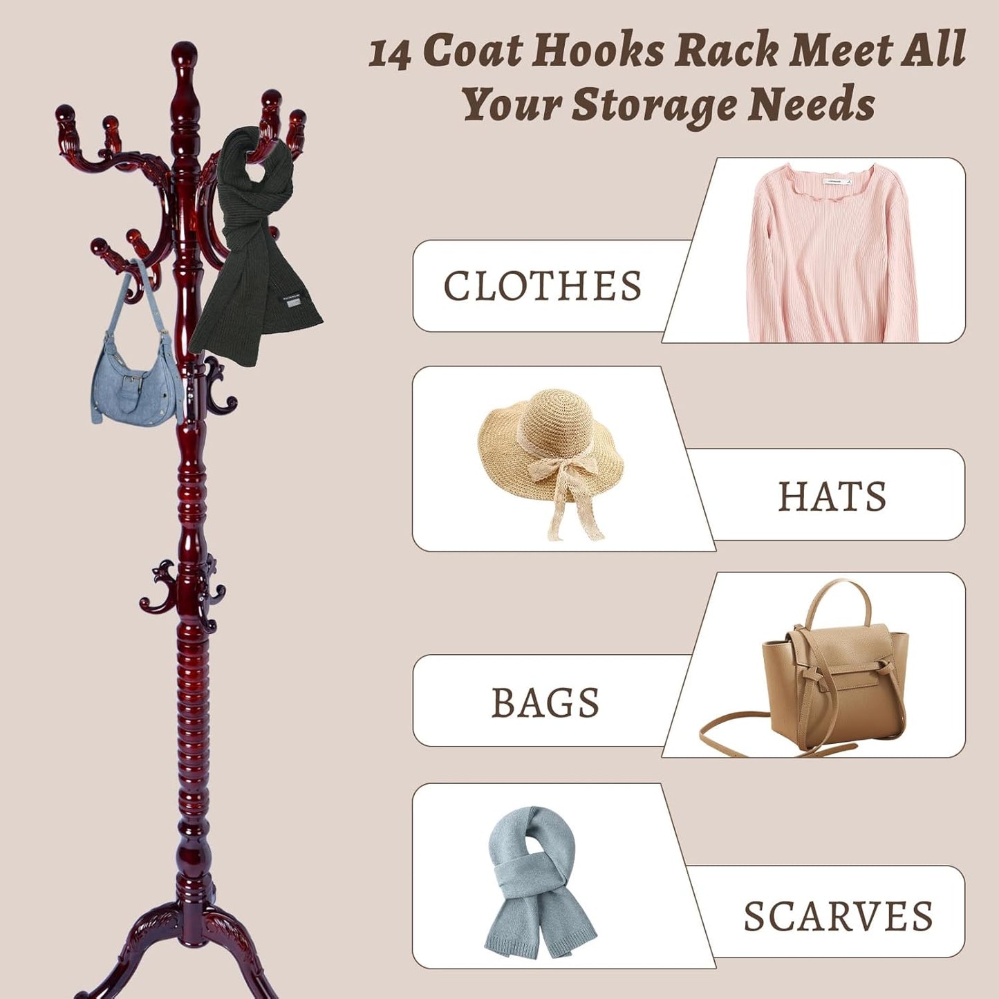 Wooden Coat Rack Freestanding with Resin Hooks, Adjustable Heavy Duty Stand for Hanging Coats, Bags, Hats, and Umbrellas in Living Room, Bedroom, Entryway (Tripod-Rosewood color)