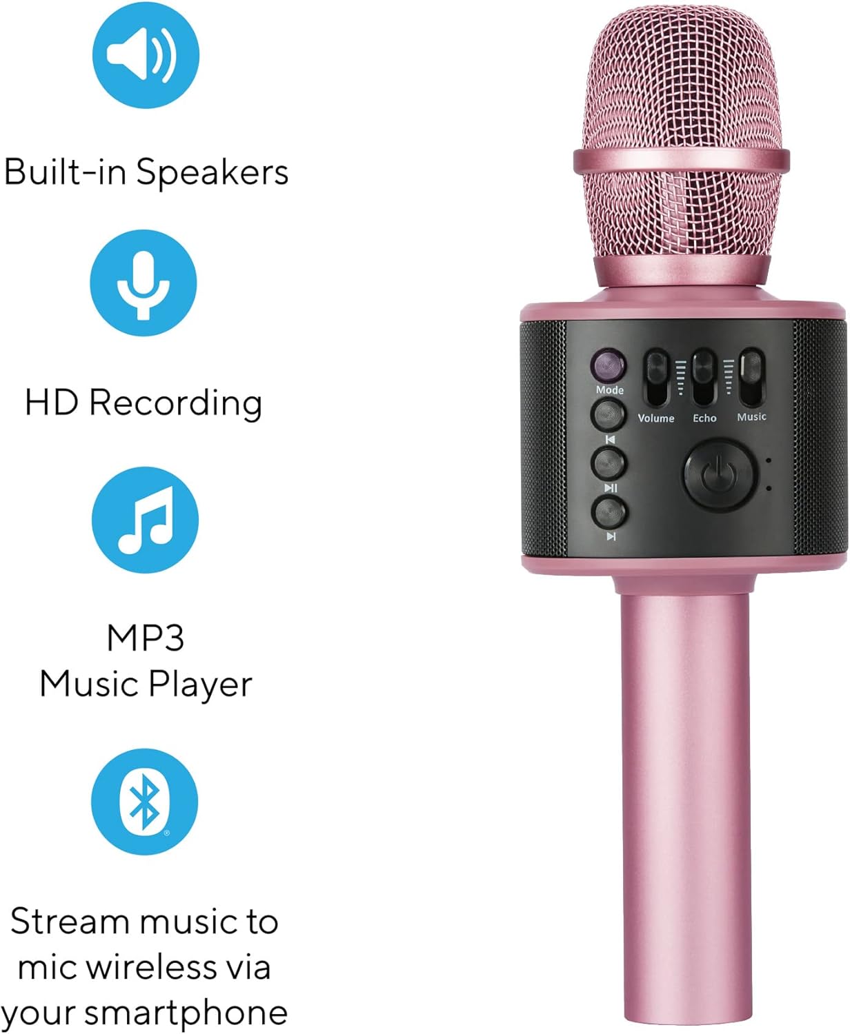 Core Innovations Wireless Bluetooth Karaoke Microphone with Built-in Speakers + HD Recording, Portable Handheld Mic | Rose Gold