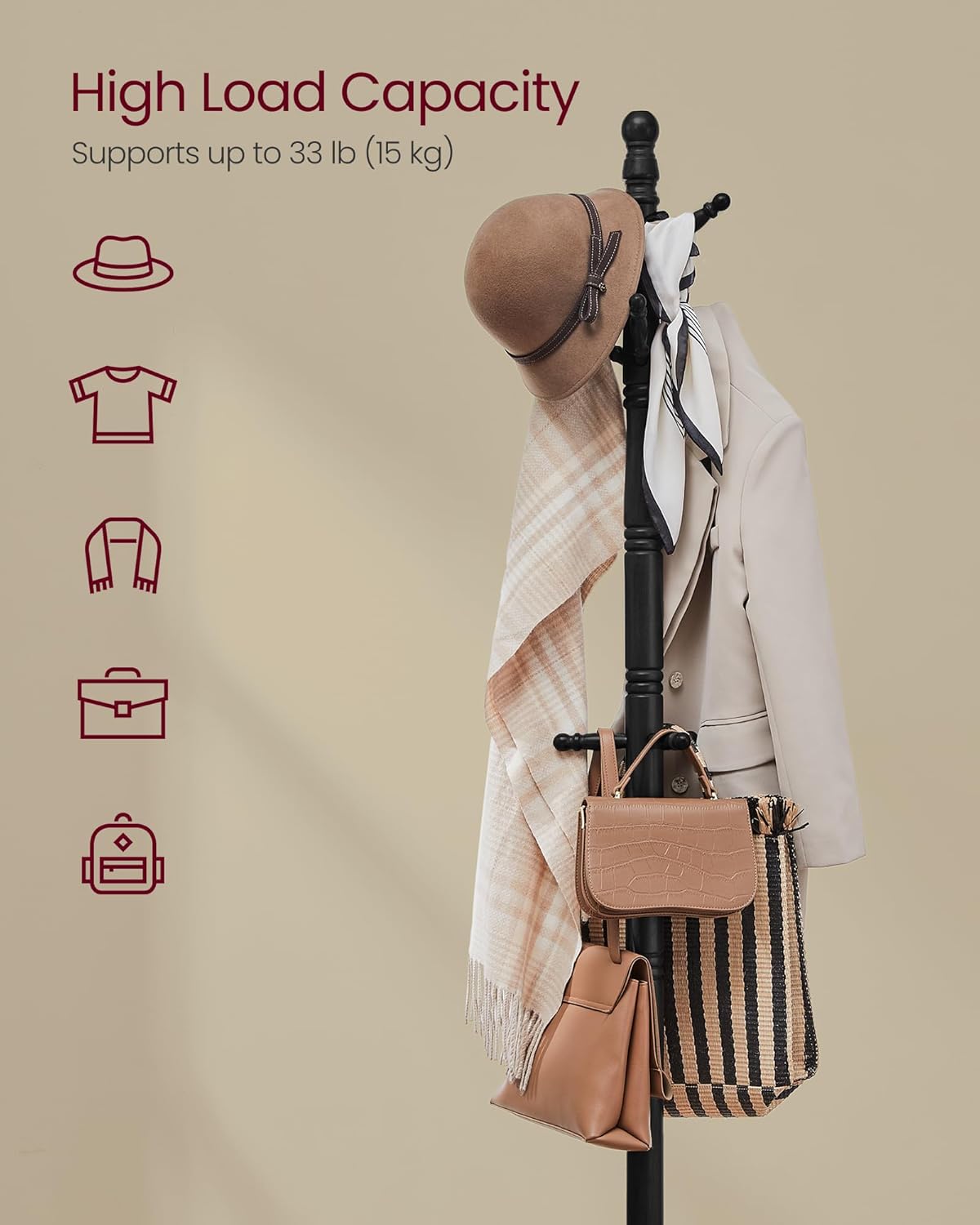 VASAGLE Solid Wood Coat Rack and Stand, Free Standing Hall Coat Tree with 10 Hooks for Hats, Bags, Purses, for Entryway, Hallway, Rubberwood, Ink Black URCR003B01