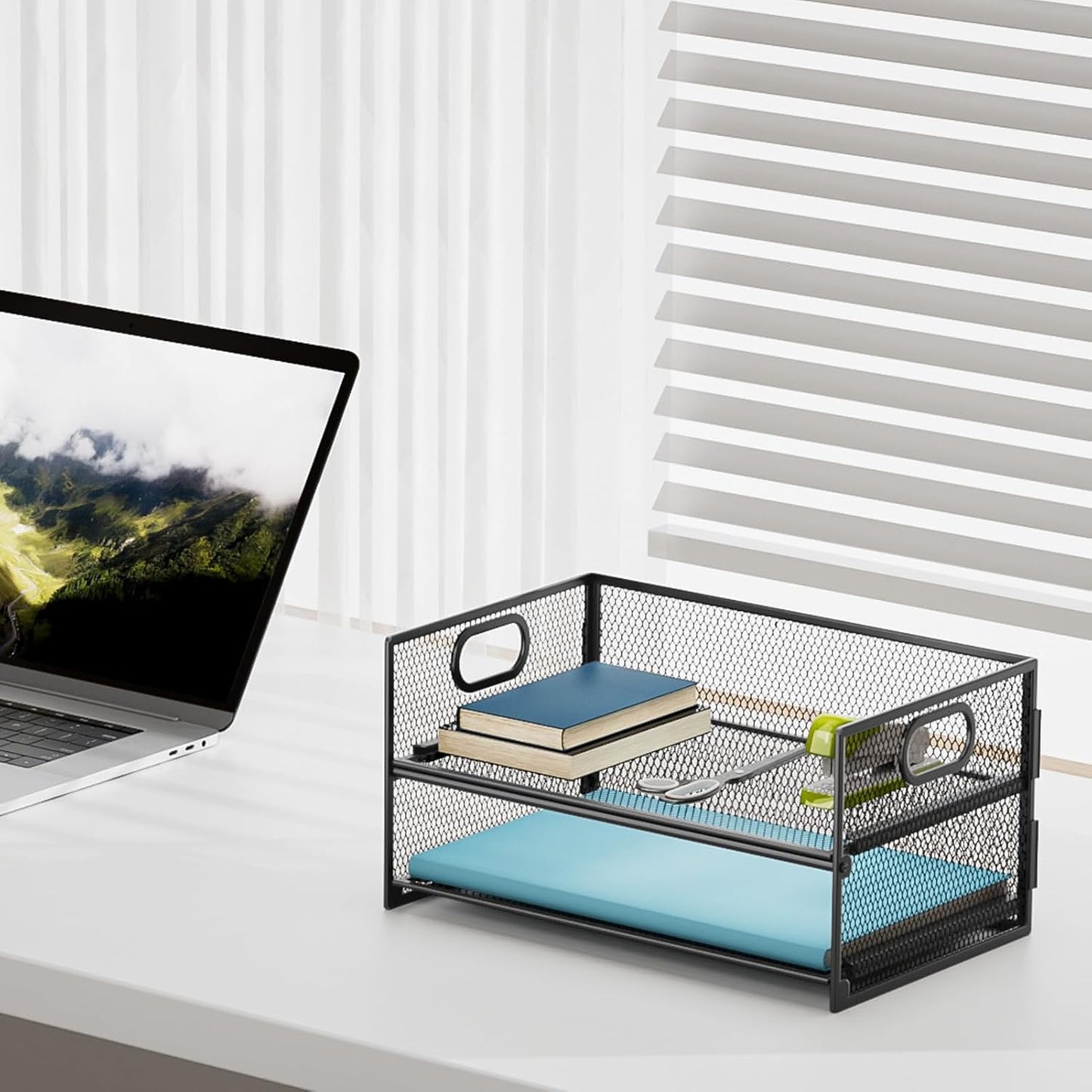 Marbrasse 2 Tier Paper Organizer Letter Tray, Mesh File Organizer with Handle, Paper Sorter Desk Organizer for Home Office Supplies - Black