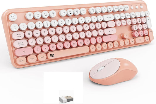 Wireless Keyboard and Mouse Combo, 105 Round Keys Full-Size Cute Colorful Pink Cordless Keyboard and Mouse with Retro Typewriter for PC/Mac/Laptop/Tablet/Computer/Windows Pink