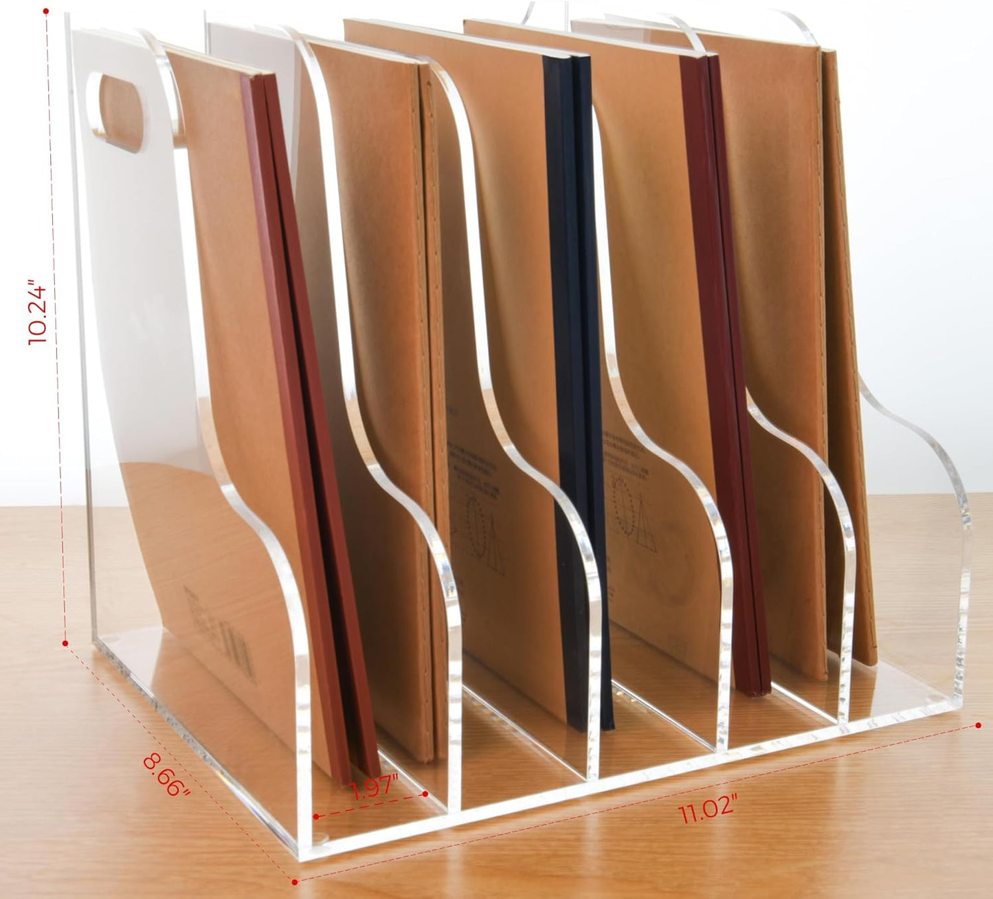 5 Vertical Compartments File Holder, Clear Acrylic Desk Organizer and Storage Bins Holding for Magazines, Binders, Notebooks, Envelopes, Multi-purpose Document Organizer for Home Office