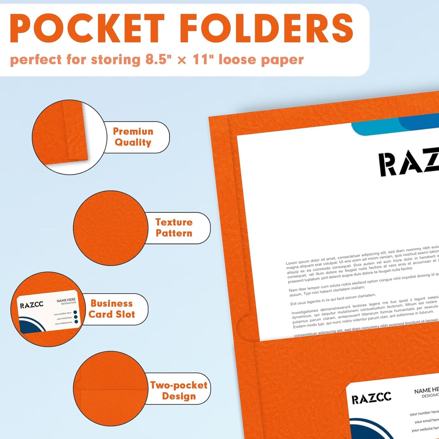 Two Pocket Folders, RAZCC 50 Pack 2 Pocket Folders Fit Letter Size Paper, Paper Folders with Pockets for School Office Business Home, Orange