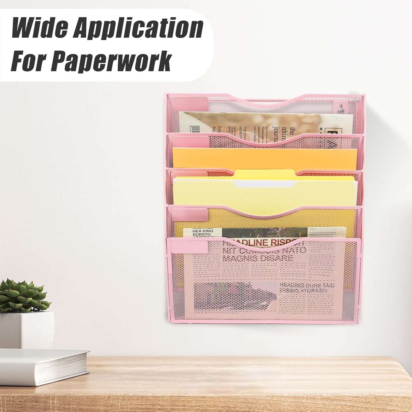 EASEPRES 5 Pocket Mesh Hanging Wall File Organizer, Wall Mounted Mail Paper Document Folder Holder, Clipboard Storage Organization Magazine Rack with Nametag Label for Office Home School, Pink