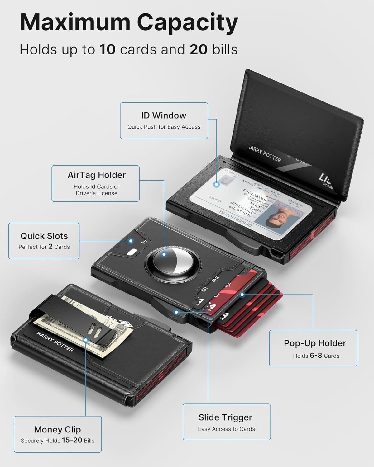 typecase AirTag Wallet for Men: Pop Up Card Case, Secure Holder for Apple Air Tag, Premium Leather, Smart, RFID Blocking, Slim, Minimalist, Thin, 13 Cards Capacitiy | ID Window | Money Clip (Black)