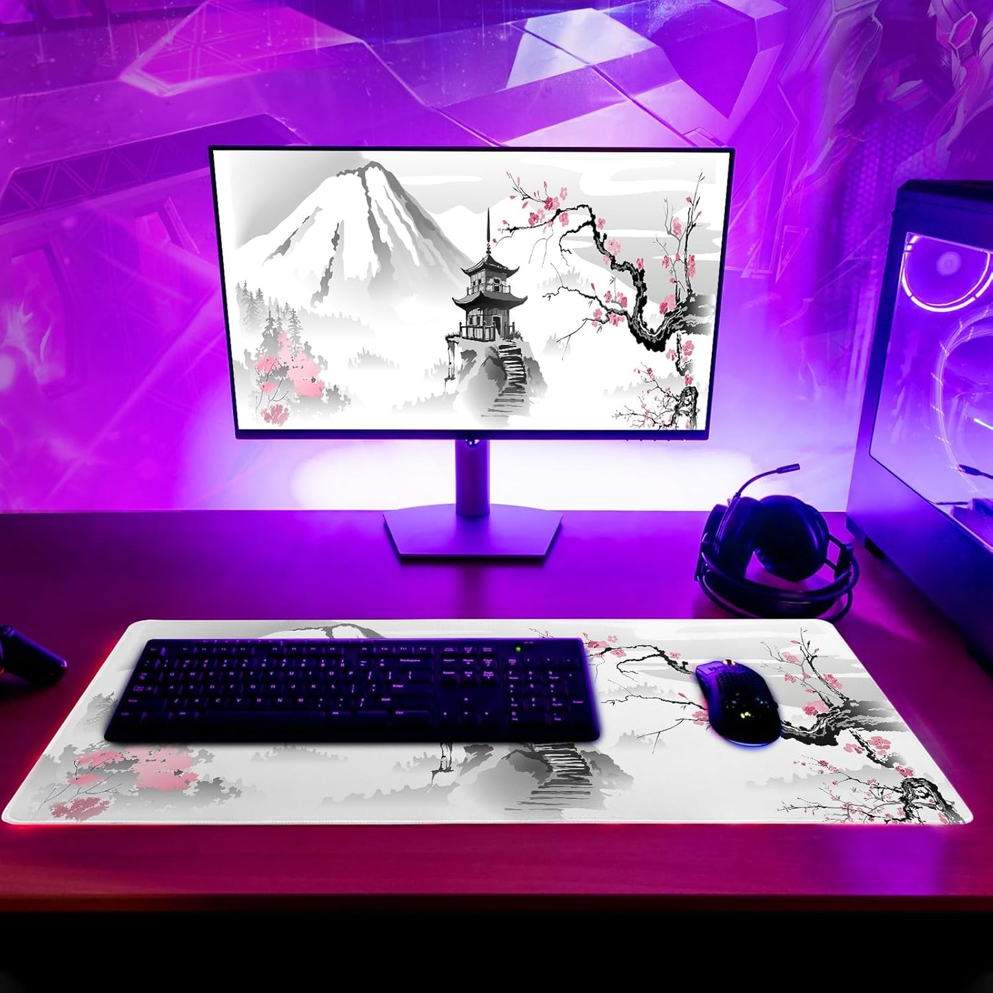 Desk Mat, Anime Desk Pad Mat, Desk Matt for Desktop, XL Large Mouse Pad for Desk, Anti-Slip Big Mousepad with Stitched Edges, Keyboard Pad Mouse Mat for Gaming and Office (Cherry Blossom 6)