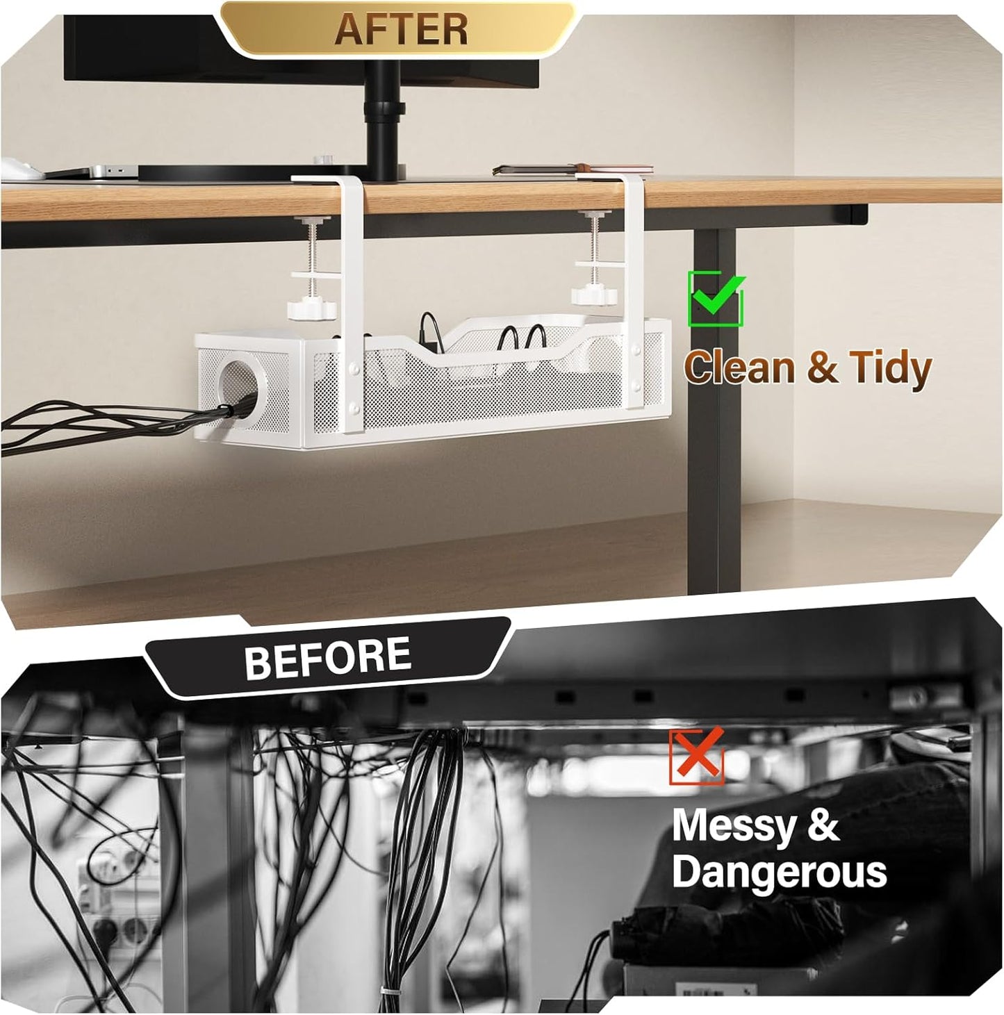 [Upgraded] Under Desk Cable Management Large, Cinati 16" Cable Management Box for Table Thickness up to 3", Wire Cord Organizer with Clamp No Drill, No Damage to Desk (White)