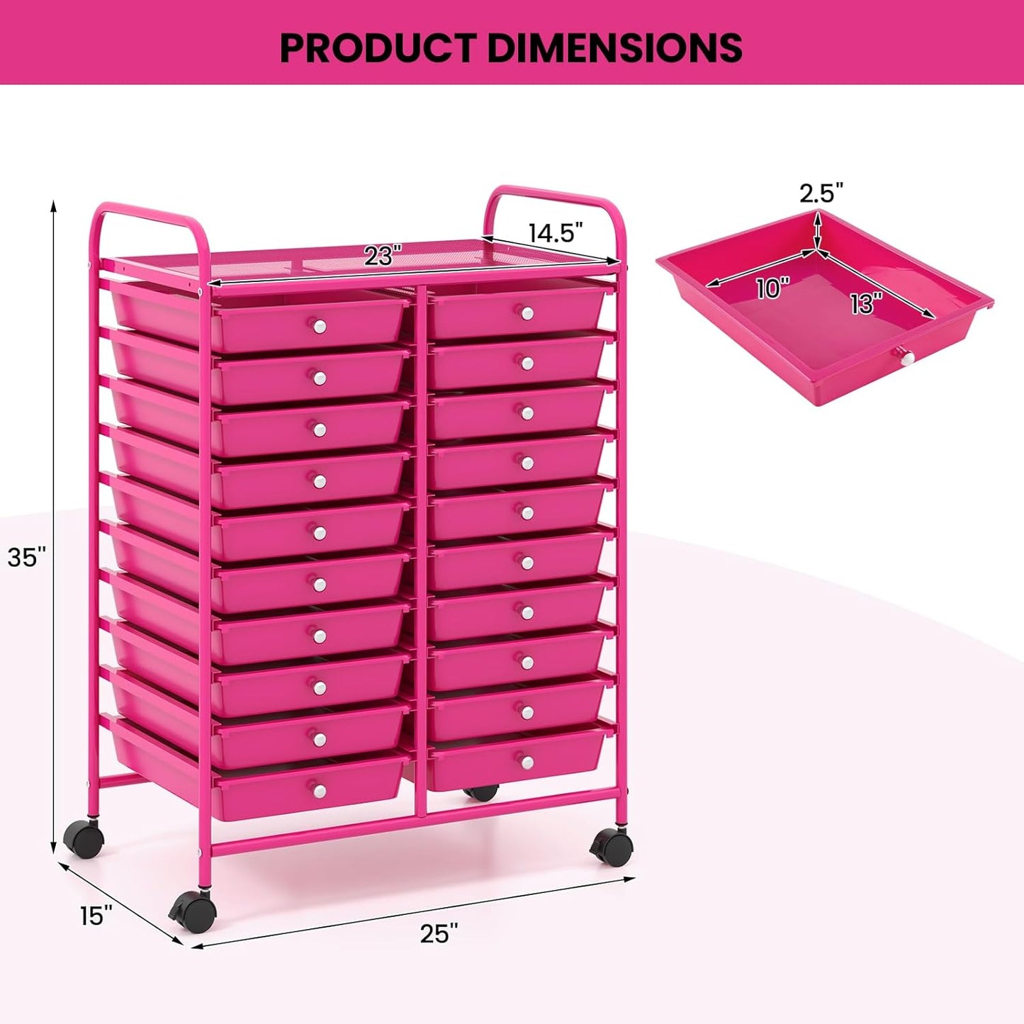 Giantex 20 Drawers Rolling Cart, Mobile Storage Drawer Cart, Classroom Organizer for Office School Supplies Teacher Tools Scrapbook Paper Craft Small Printer, Utility Stand on Wheels, Hot Pink