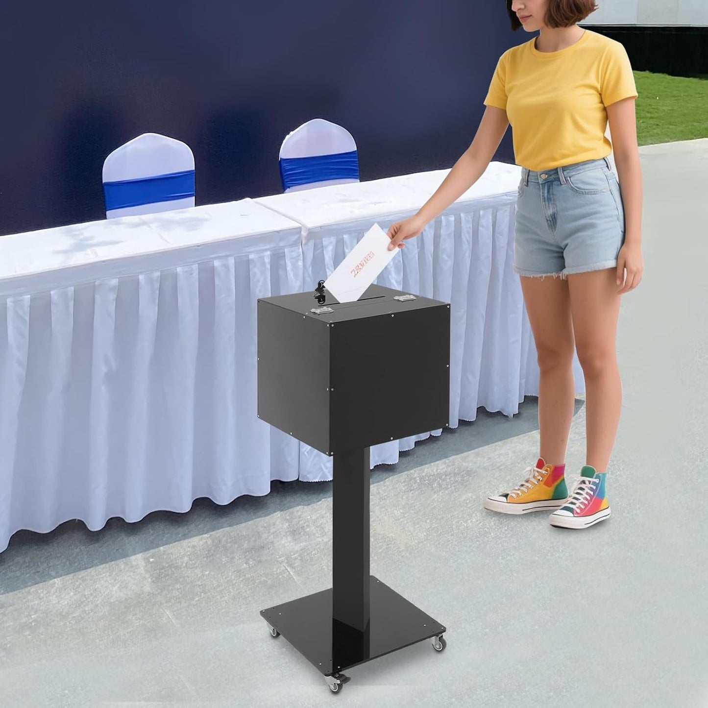 Suggestion Box with Stand, Floor Standing Offering Box with Wheels, Acrylic Locking Ballot Collection Safe Box for Voting Contest Charity Donation Church Election (Black (Bar Opening))