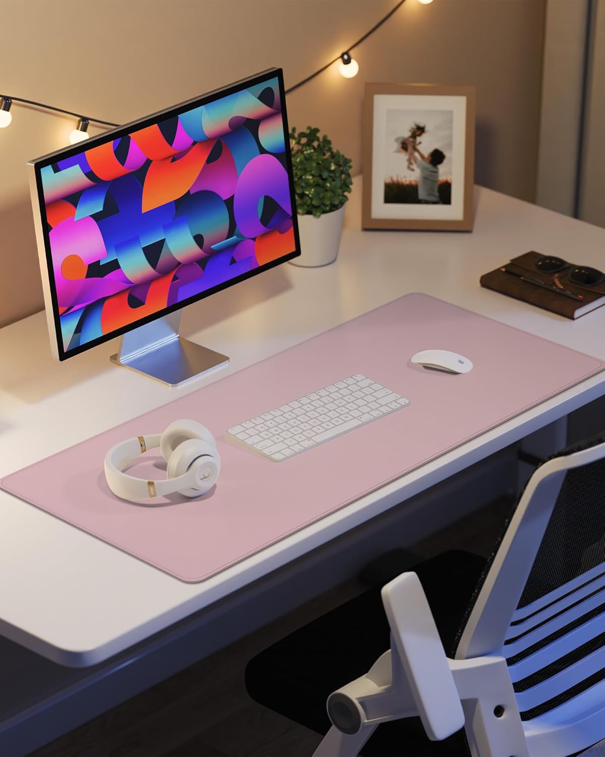 Non-Slip Desk Pad,Mouse Pad,Waterproof PVC Leather Desk Table Protector,Non-Slip PU Leather Desk Blotter, Easy Clean Laptop Desk Writing Mat for Office Work/Home/Decor(Light Pink, 24" x 13.7")