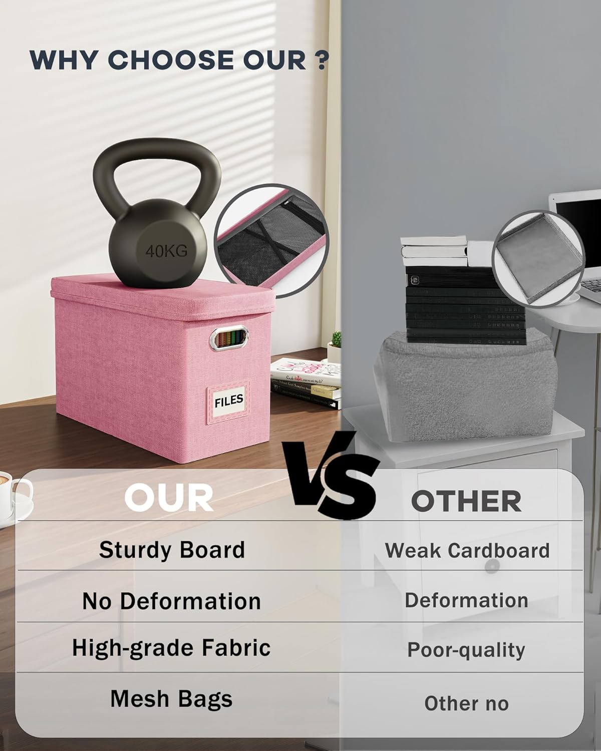 Oterri File Organizer With Lid, Hanging Filing Box With Mesh Pocket, Document Organizer for Letter Files, Portable Storage With Smooth Sliding Rail for Office & Home (2 PCS, Pink)