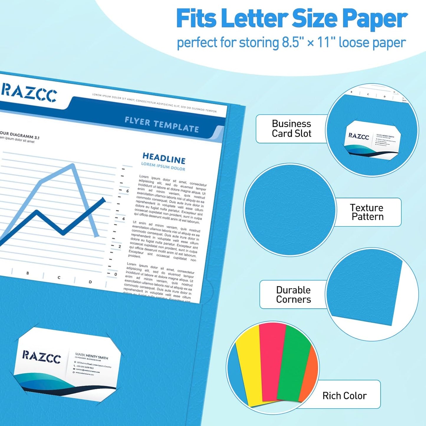 Two Pocket Folders, RAZCC 50 Pack File Folders with Pockets Fit Letter Size Paper, Thick Paper File Folder for School Office Business Home, Assorted 5 Colors