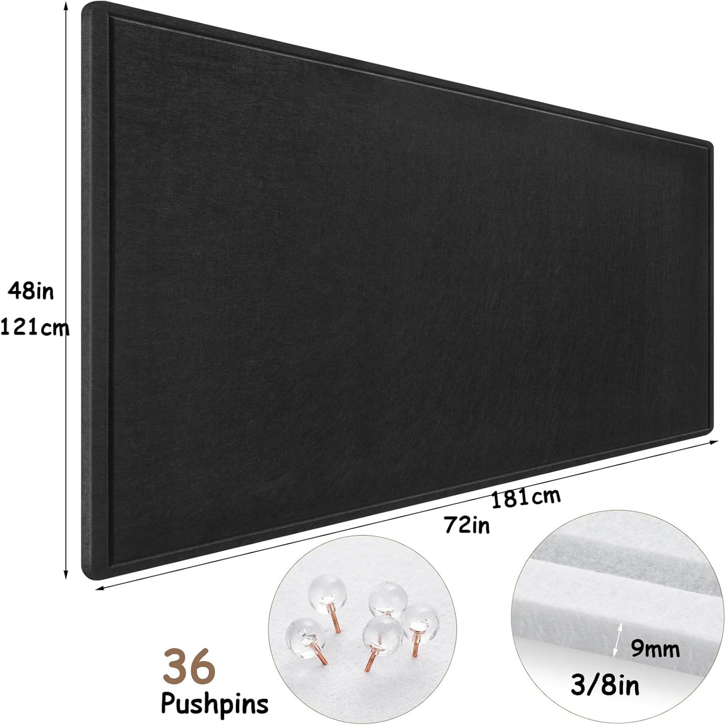 Large Bulletin Board, Foldable 72x48 Inches Cork Board Alternative, Large Felt Board Decorative Pin Board for Wall, Foldable Photo Board Self-Adhesive Vision Board with 36 Pushpins Black