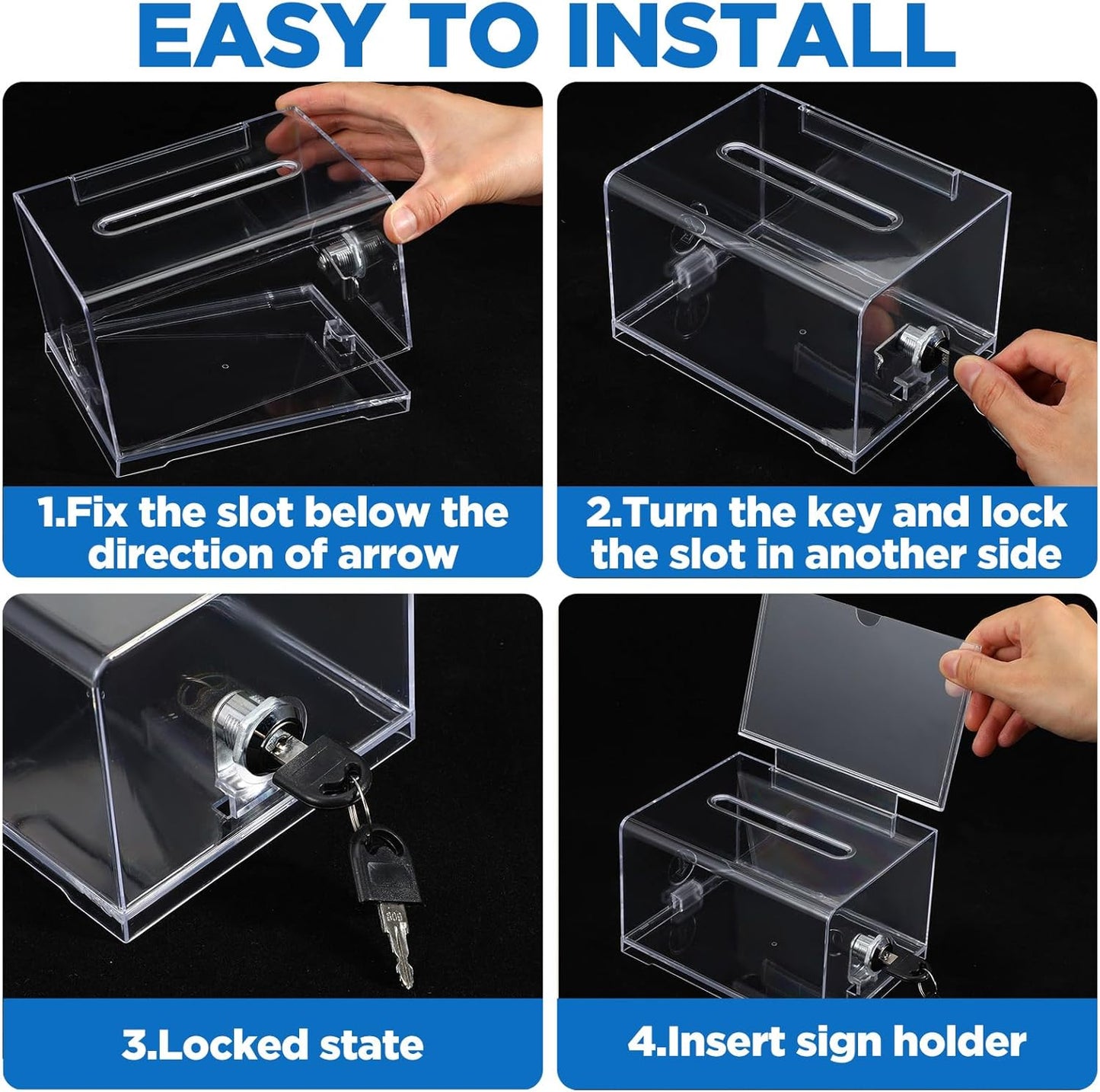 3 Pcs Acrylic Donation Box with Lock and Sign Holder Clear Ballot Donation Boxes with Slot for Fundraising Suggestion Box Storage Container for Voting, Raffle Bowl, Tip Jar