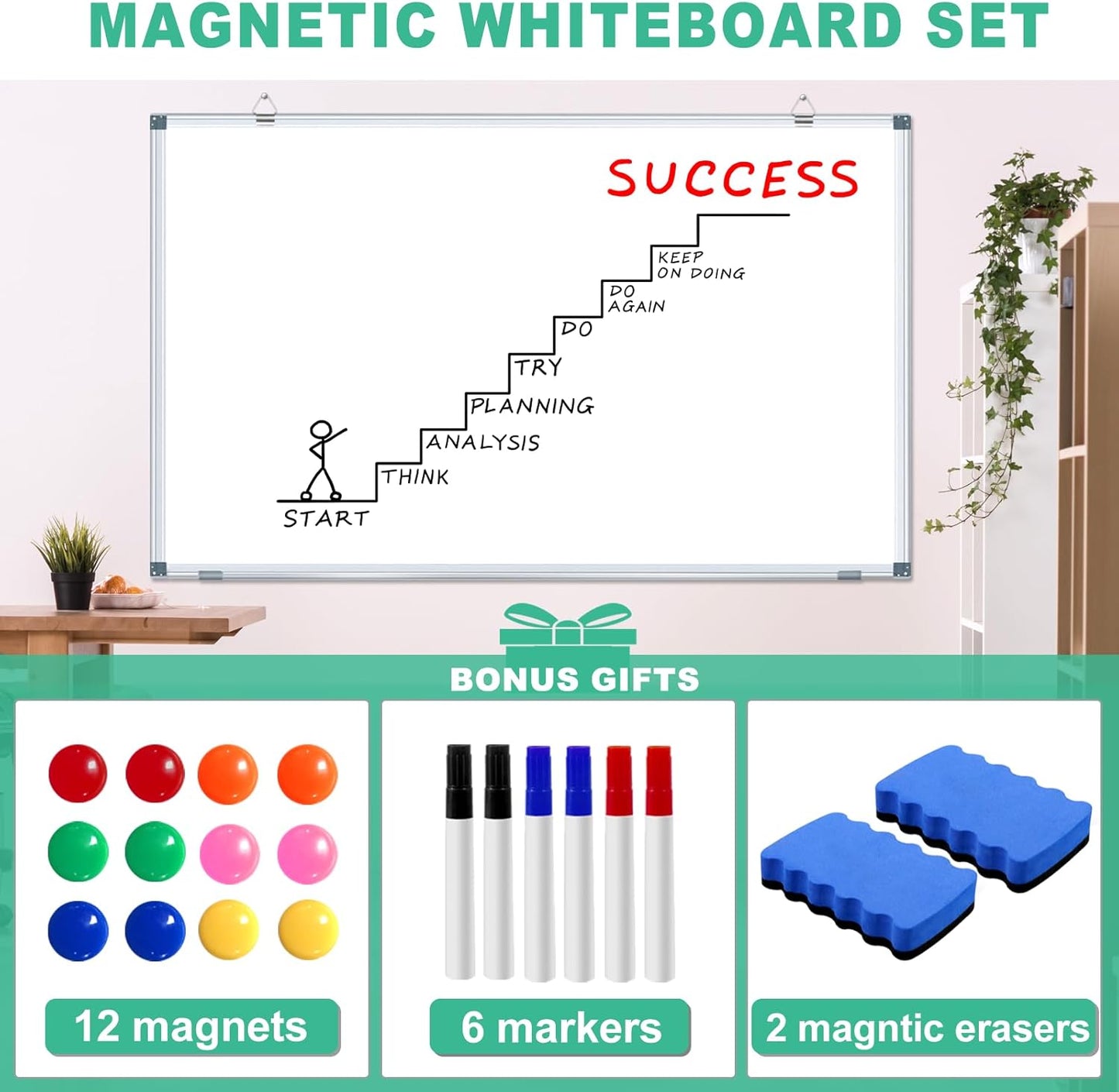 H-Qprobd White Board Dry Erase Boards for Wall 5' x 3' Magnetic Whiteboard - 60"x36" Aluminum Presentation Large Whiteboard with Long Pen Tray, 6 Markers, 2 Erasers &12 Magnets