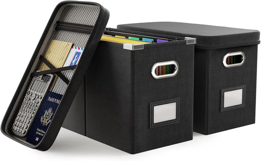 Oterri File Organizer Box with Lid, Hanging Filing File Box with Mesh Pocket, Document Organizer Box for Letter Files, Portable Storage Box with Smooth Sliding Rail for Office&Home (2 PCS, Black)