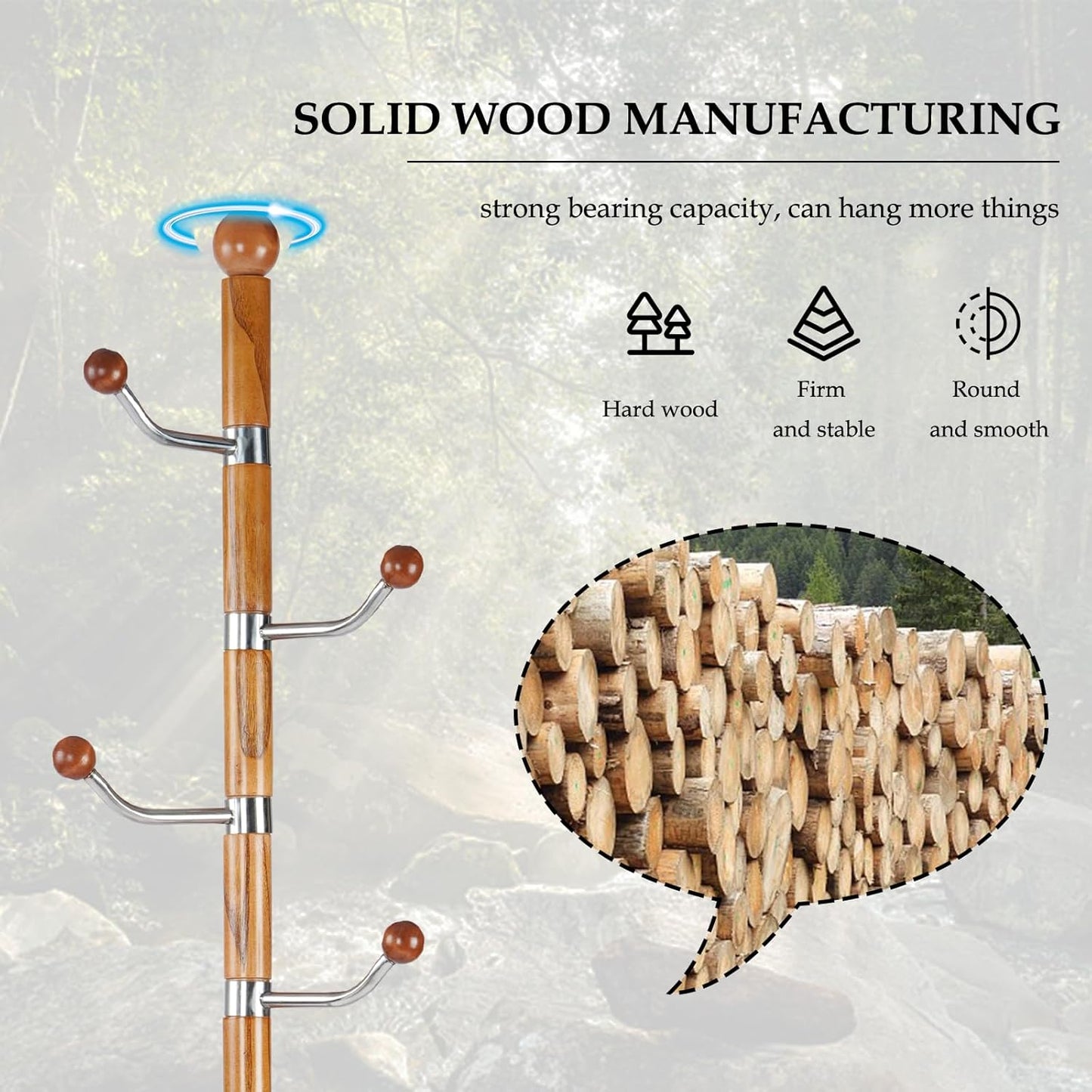 Wood Coat Rack Freestanding, Natural Coats Tree Stand with 14 Hooks, 73" Sturdy and Easy Assembly Coat Rack Stand for Entryway, Hallway, Bedroom, Bags, Hats (Metal Disc Base, Swivel Hook)