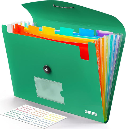 Accordian File Organizer 7 Pocket Expanding File Folder with Labels, Plastic Expandable File Folder for Documents Letter Size A4 Papers - Green