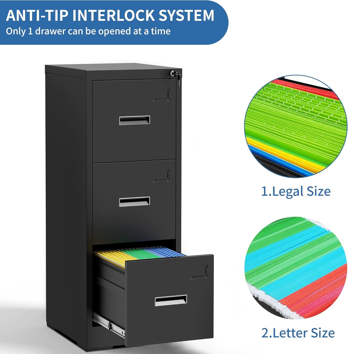 3 Drawer File Cabinet with Lock and Card Slot, Metal Vertical Filing Cabinets for Home Office, Steel Storage Cabinet for Hanging Legal/Letter Size Files, Assembly Required (Black)