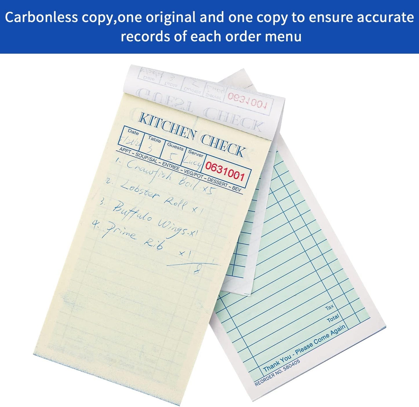 Guest Checks Server Note Pads 300 Sheets with Carbonless Copy Paper for Restaurants (6 Books) 3.5" x 6.75" Per Ticket Book