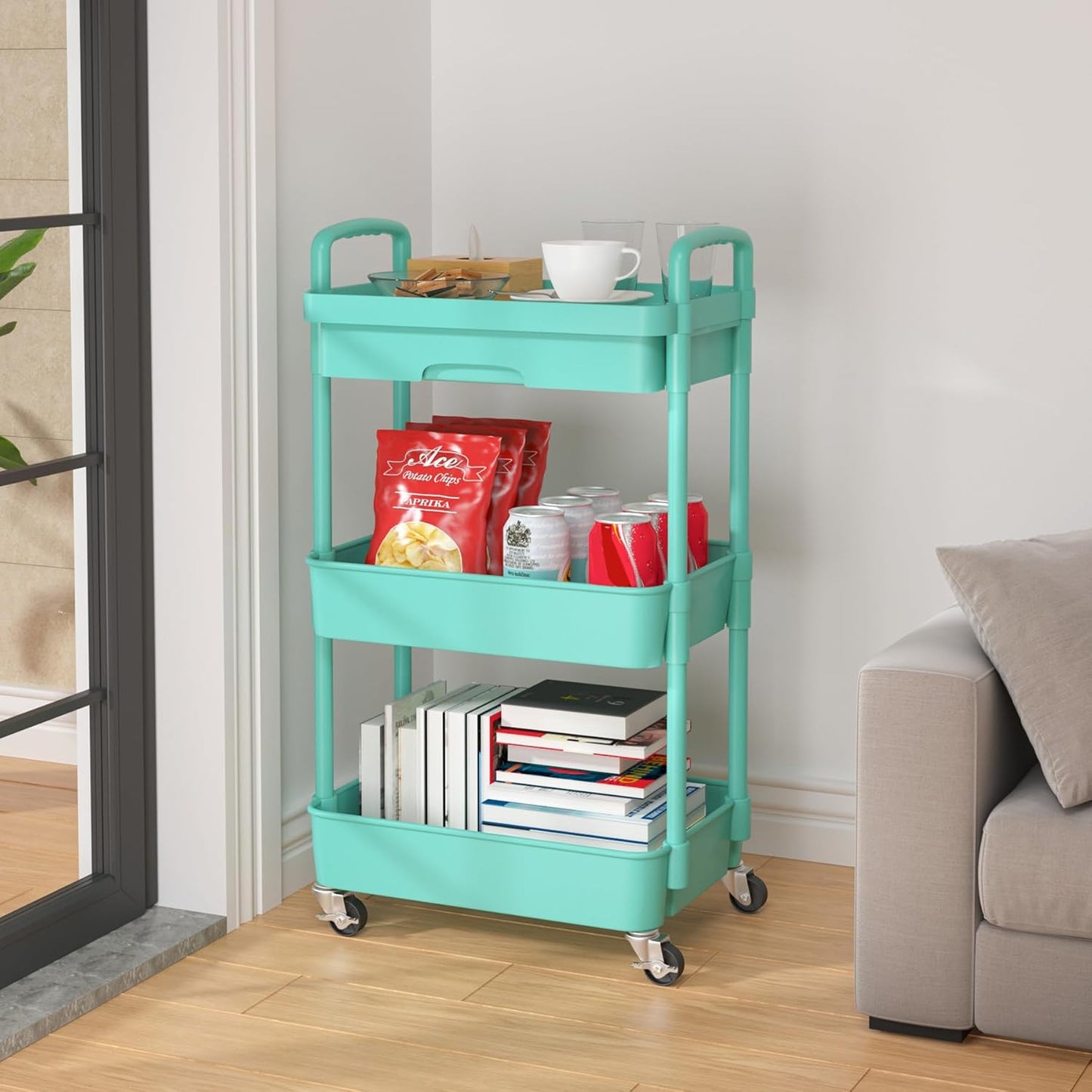 Calmootey 3-Tier Rolling Utility Cart with Drawer,Multifunctional Storage Organizer with Plastic Shelf & Metal Wheel,Storage Cart for Kitchen,Bathroom,Living Room,Office,Green