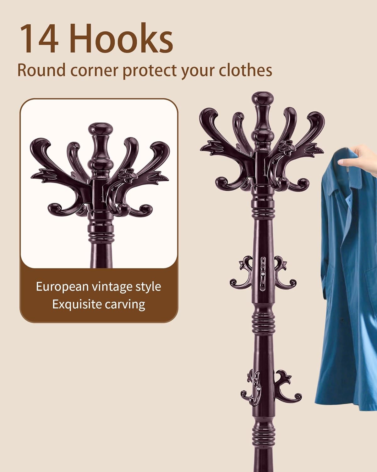 EZIVIEZ Wooden Coat Rack Stand, Solid Wood Freestanding Coat Rack, Vintage Coat Racks with 14 Hooks & Triangle Base, Heavy Duty Standing Coat Hanger Jacket Tree Stand for Office, Entryway, Hallway
