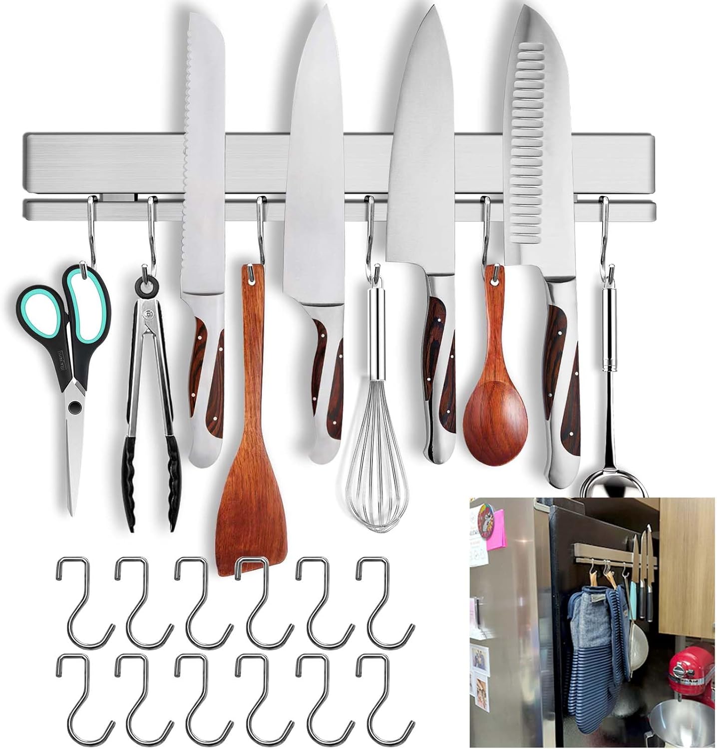 17 Inch Magnetic Knife Holder for Refrigerator with 12 Hooks - Double Sided Magnetic Knife Strip for Fridge - Premium Magnetic Knife Bar Rack - 304 Stainless Steel Kitchen Utensil Hanger