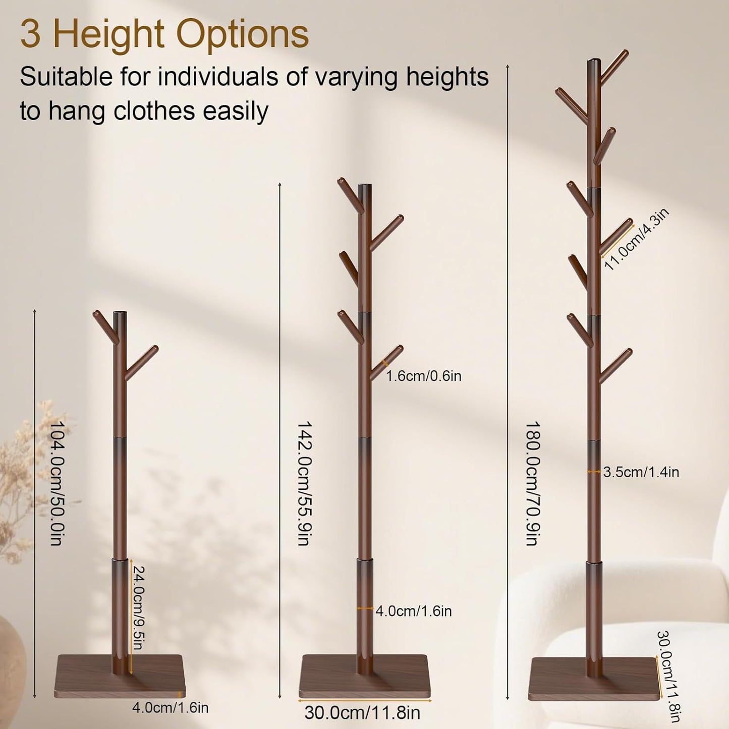 Coat Rack Freestanding with Stable Square Base, Entryway Furniture with 3 Adjustable Sizes and 8 Hooks, Used in Bedroom, Office and Hallway, Brown