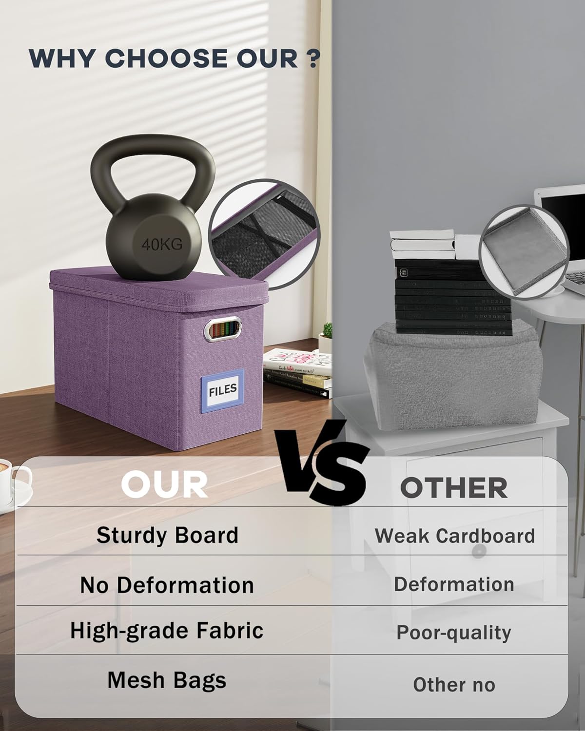 Oterri File Organizer with Lid, Hanging Filing Box with Mesh Pocket, Document Organizer for Letter Files, Portable Storage Box for Office & Home (1 PCS, Taro Purple)