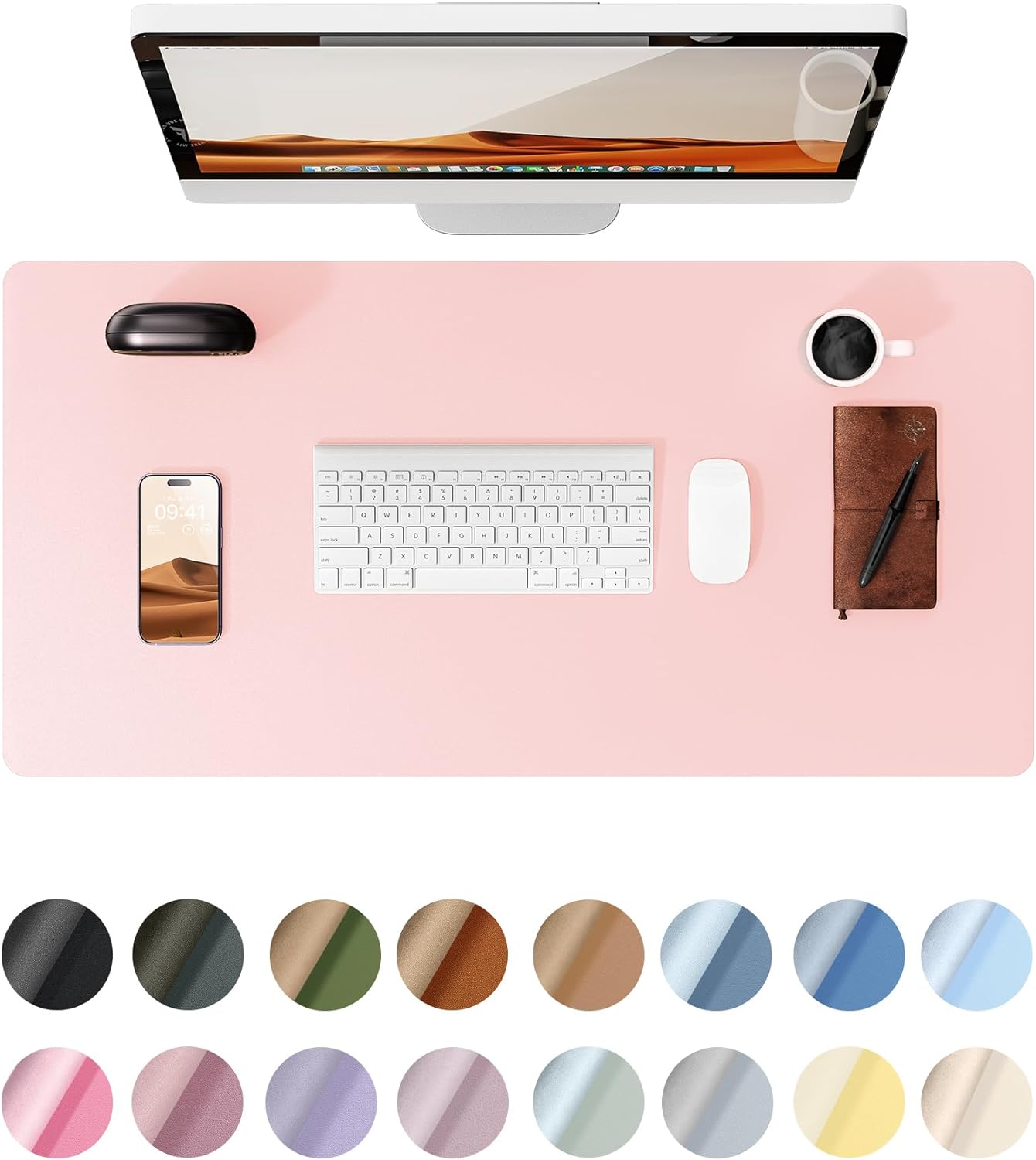 YSAGi Leather Desk Protector, Office Mat, Large Mouse Mat, Non-Slip PU Leather Blotter, Laptop Desk Pad, Waterproof Writing Pad for Office and Home (Light Pink, 35.4" x 17")