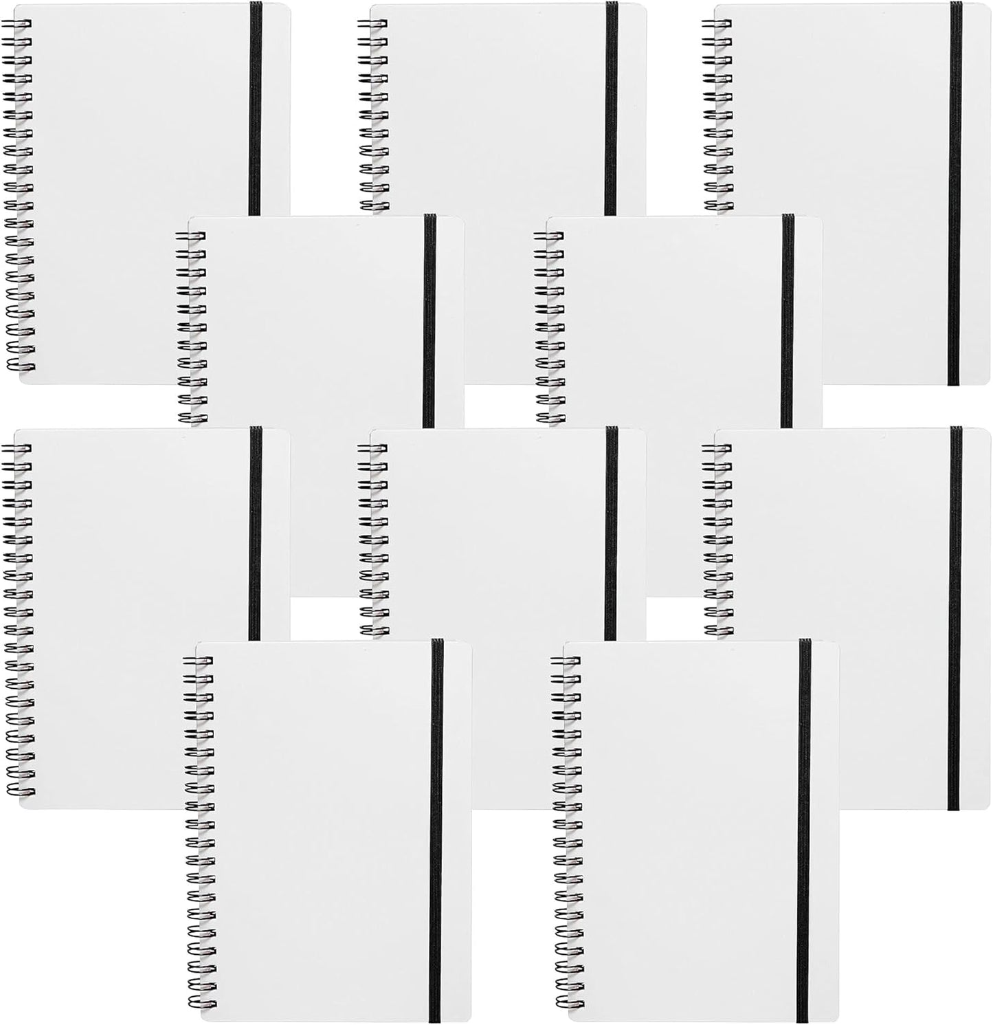 10 White Spiral Notebooks with Elastic Band Pack - 80 lined pages, Recycled - Black