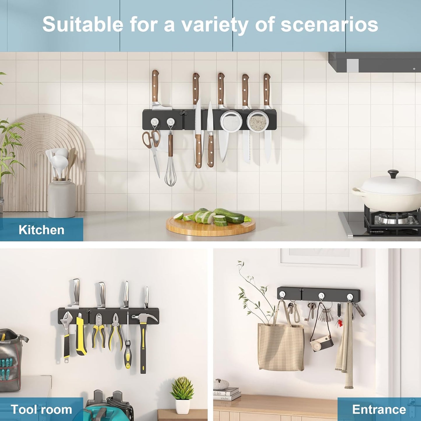 Magnetic Knife Holder for Wall, Acacia Wood Knife Magnetic Strip No Drill Knife Magnet Storage Bar Magnetic Tool Key Holder Strip for Kitchen Utensil Organizer (Black, 16 Inch Large)