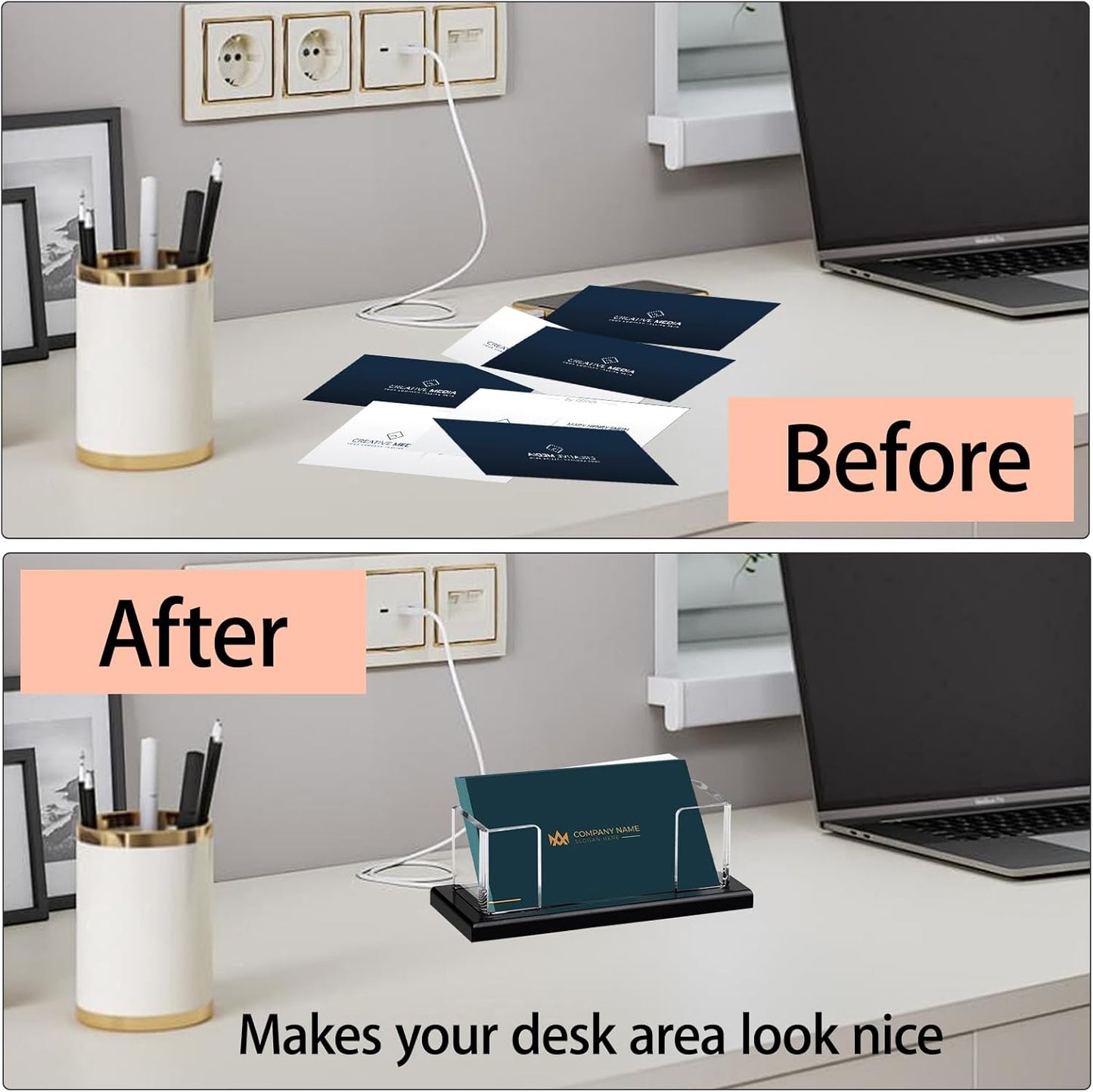 Weiai Acrylic Business Card Holder Stand for Desk, 2 Pieces Modern Black Base Business Card Organizer Display